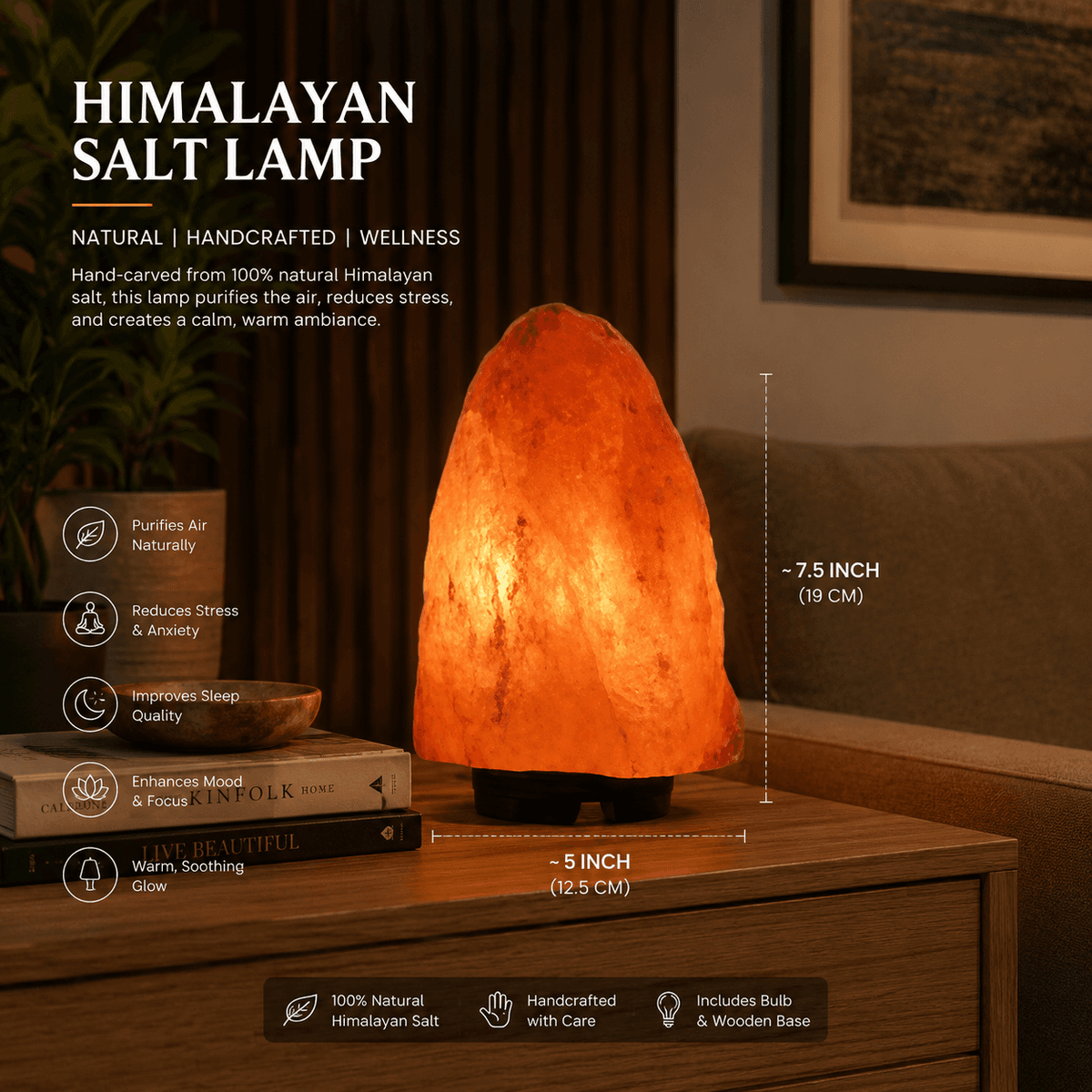 Premium Himalayan Pink Salt Lamp with Wooden Base | 100% Natural Rock Salt Night Lamp