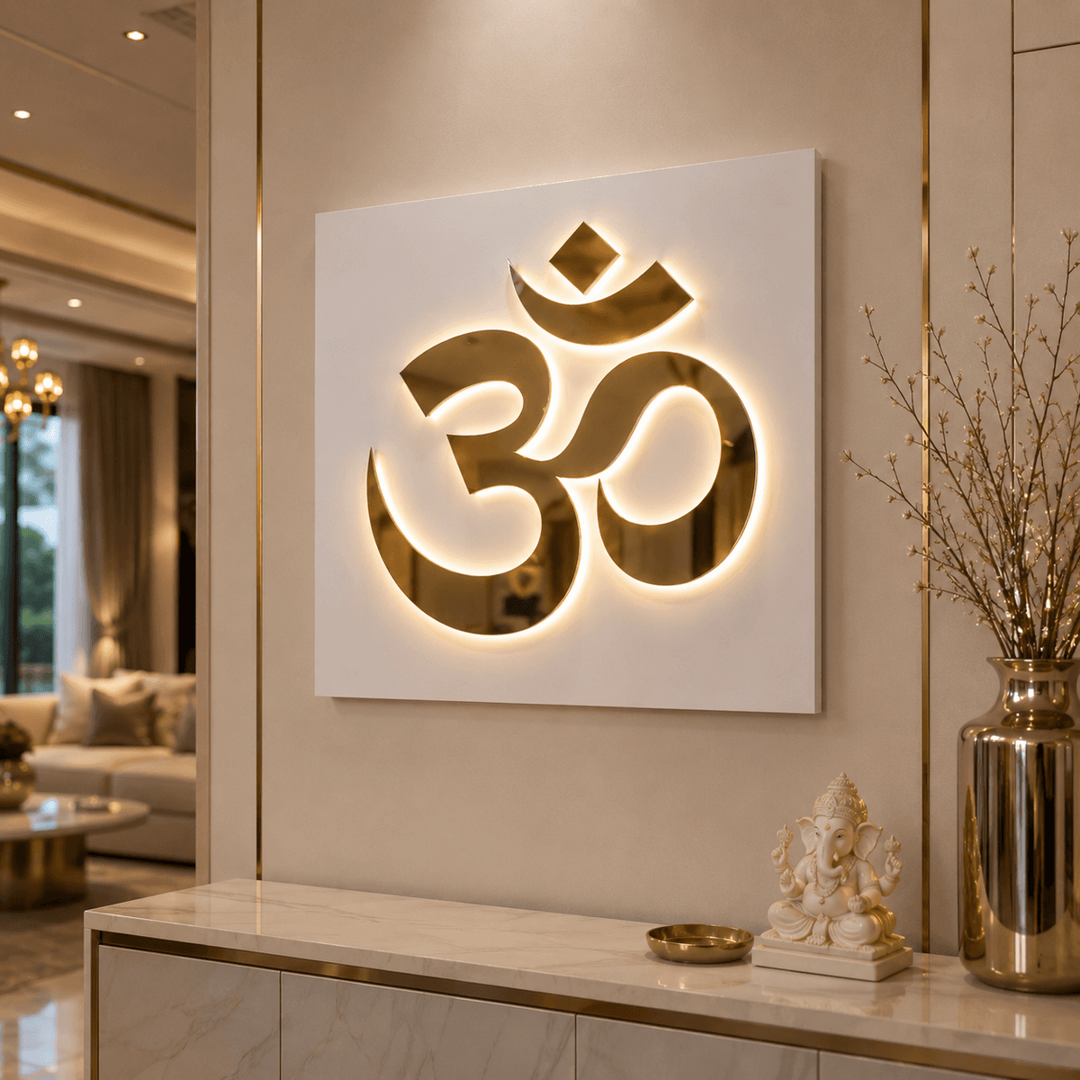 Premium Backlit Om Wall Decor | Golden Acrylic LED Om Symbol for Home Temple, Living Room & Luxury Interior Design